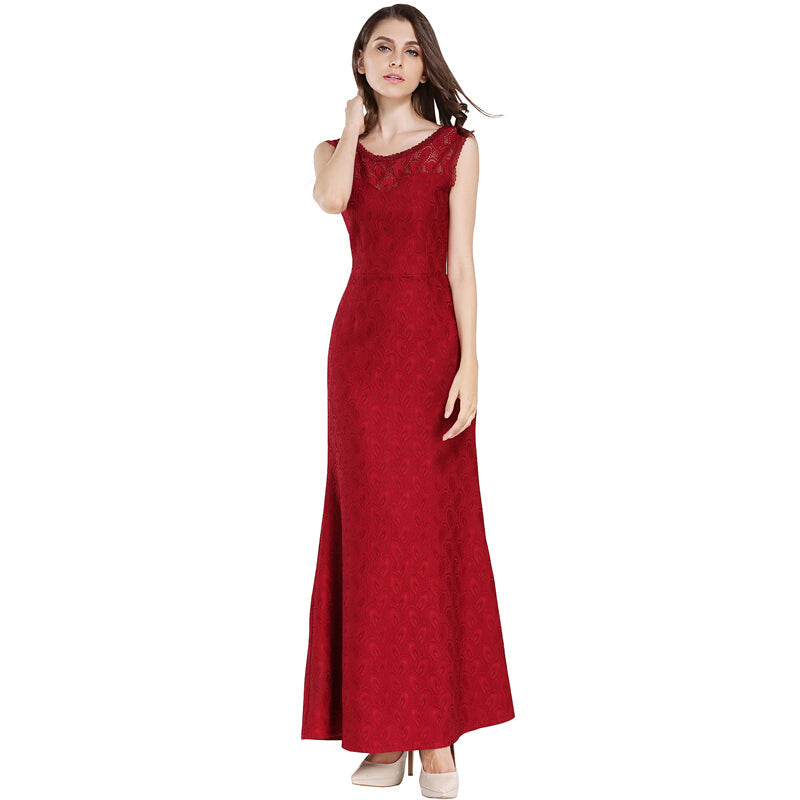 Fashion Women Lace Sleeveless Maxi Dress - Red