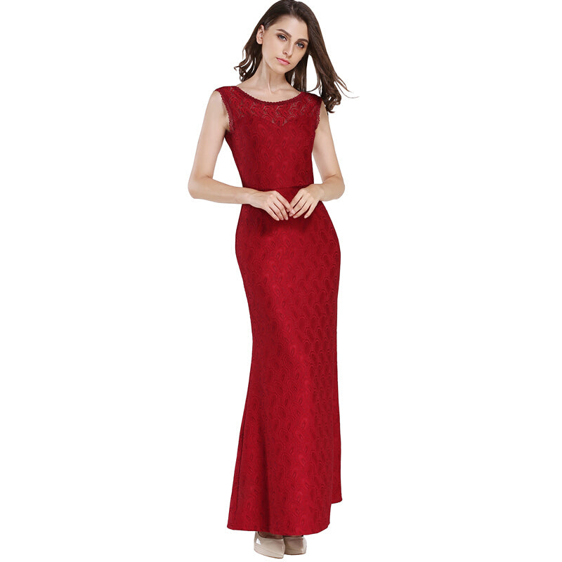 Fashion Women Lace Sleeveless Maxi Dress - Red