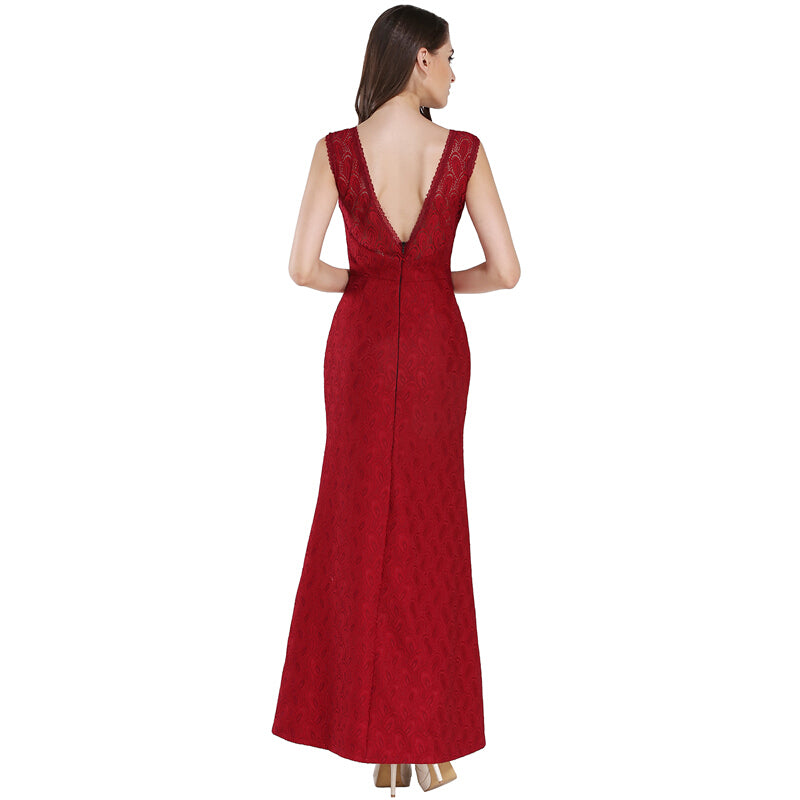 Fashion Women Lace Sleeveless Maxi Dress - Red