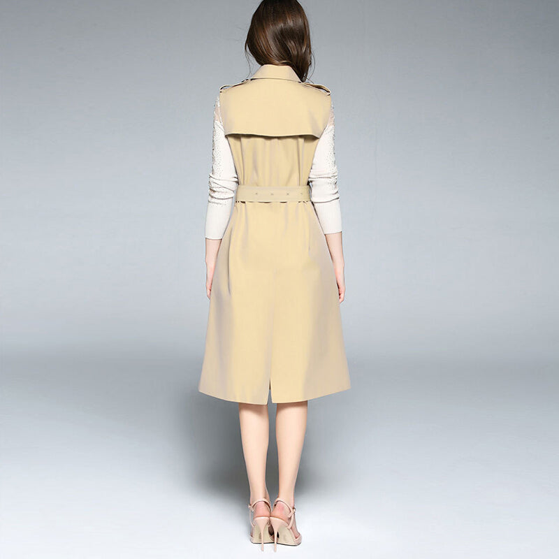 Fashionable Long Sleeveless Trench Coat - Khaki