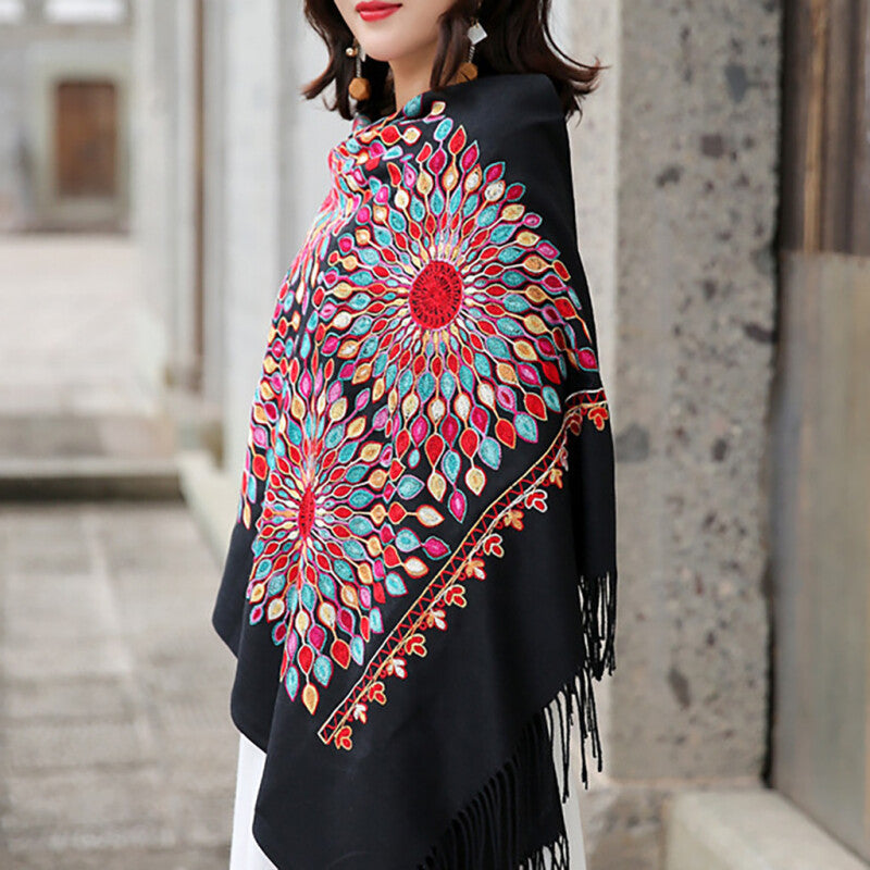 Fashionable Women Embroidery Scarf - Black