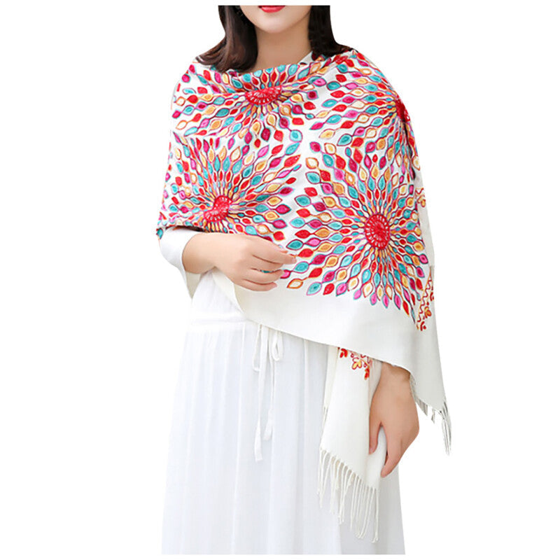 Fashionable Women Embroidery Scarf - White