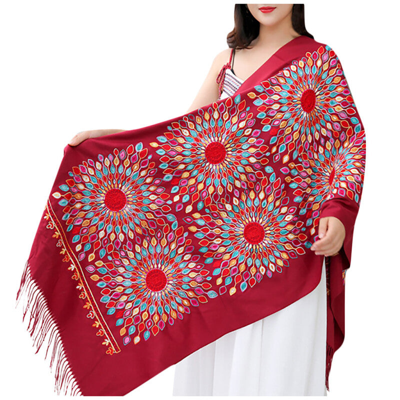 Fashionable Women Embroidery Scarf - Wine Red