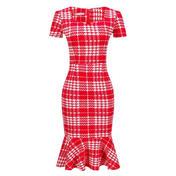 Fishtail Evening Dress - Big Red Grid