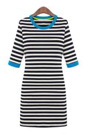 New Style Women Stripe Mini Dress Half Sleeve Round Contrast Neck One-piece Pencil Dress Blue