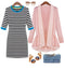 New Style Women Stripe Mini Dress Half Sleeve Round Contrast Neck One-piece Pencil Dress Blue