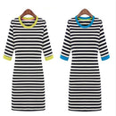 New Style Women Stripe Mini Dress Half Sleeve Round Contrast Neck One-piece Pencil Dress Blue