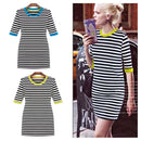 New Style Women Stripe Mini Dress Half Sleeve Round Contrast Neck One-piece Pencil Dress Blue