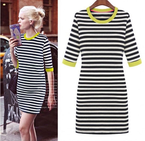 New Style Women Stripe Mini Dress Half Sleeve Round Contrast Neck One-piece Pencil Dress Blue