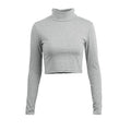 Stylish Casual Women T-shirt Polo Neck Long Sleeve Crop Top Blouse Tee T Shirt Grey