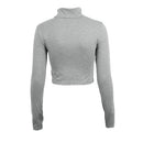 Stylish Casual Women T-shirt Polo Neck Long Sleeve Crop Top Blouse Tee T Shirt Grey