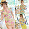 Fashion Casual Women Chiffon Blouse Stand Collar Short Sleeve Floral Print Tops Green & Yellow