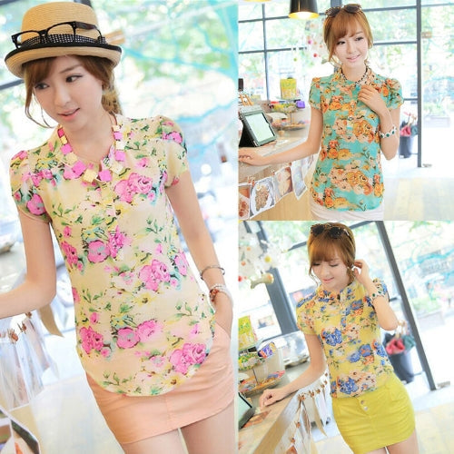 Fashion Casual Women Chiffon Blouse Stand Collar Short Sleeve Floral Print Tops Green & Yellow