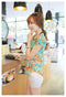 Fashion Casual Women Chiffon Blouse Stand Collar Short Sleeve Floral Print Tops Green & Yellow