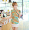 Fashion Casual Women Chiffon Blouse Stand Collar Short Sleeve Floral Print Tops Green & Yellow