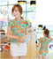 Fashion Casual Women Chiffon Blouse Stand Collar Short Sleeve Floral Print Tops Green & Yellow