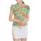 Fashion Casual Women Chiffon Blouse Stand Collar Short Sleeve Floral Print Tops Green & Yellow