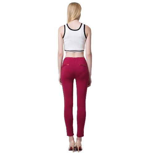 Fashion Women Leggings Leather Look Panels Elastic Waist Stretchy Skinny Pants Trousers Burgundy