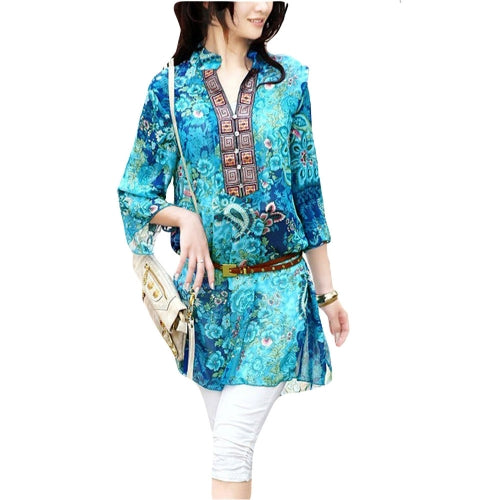 New Fashion Women Chiffon Blouse Embroidery Print Stand Collar Half Sleeve Long Shirt Dress Red