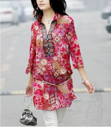 New Fashion Women Chiffon Blouse Embroidery Print Stand Collar Half Sleeve Long Shirt Dress Red