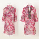 New Fashion Women Chiffon Blouse Embroidery Print Stand Collar Half Sleeve Long Shirt Dress Red