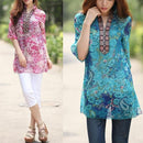 New Fashion Women Chiffon Blouse Embroidery Print Stand Collar Half Sleeve Long Shirt Dress Red