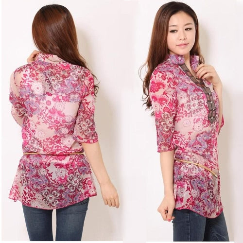 New Fashion Women Chiffon Blouse Embroidery Print Stand Collar Half Sleeve Long Shirt Dress Red