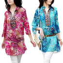 New Fashion Women Chiffon Blouse Embroidery Print Stand Collar Half Sleeve Long Shirt Dress Red