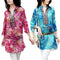 New Fashion Women Chiffon Blouse Embroidery Print Stand Collar Half Sleeve Long Shirt Dress Red