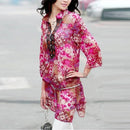 New Fashion Women Chiffon Blouse Embroidery Print Stand Collar Half Sleeve Long Shirt Dress Red