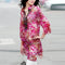 New Fashion Women Chiffon Blouse Embroidery Print Stand Collar Half Sleeve Long Shirt Dress Red