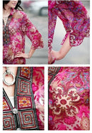 New Fashion Women Chiffon Blouse Embroidery Print Stand Collar Half Sleeve Long Shirt Dress Red