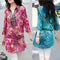 New Fashion Women Chiffon Blouse Embroidery Print Stand Collar Half Sleeve Long Shirt Dress Red