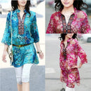 New Fashion Women Chiffon Blouse Embroidery Print Stand Collar Half Sleeve Long Shirt Dress Red