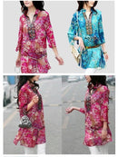 New Fashion Women Chiffon Blouse Embroidery Print Stand Collar Half Sleeve Long Shirt Dress Red