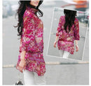 New Fashion Women Chiffon Blouse Embroidery Print Stand Collar Half Sleeve Long Shirt Dress Red