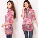 New Fashion Women Chiffon Blouse Embroidery Print Stand Collar Half Sleeve Long Shirt Dress Red