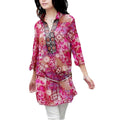 New Fashion Women Chiffon Blouse Embroidery Print Stand Collar Half Sleeve Long Shirt Dress Red