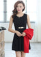 New Fashion Women Two pieces Vest Dress and Short Coat Pleated A-Line Mini Dress Twin Sets Black Dress and Red Coat