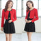 New Fashion Women Two pieces Vest Dress and Short Coat Pleated A-Line Mini Dress Twin Sets Black Dress and Red Coat