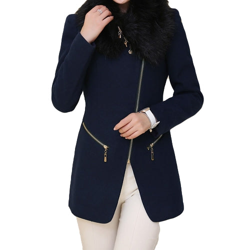 New Fashion Women Coat Zipper Pockets Faux Fur Collar Warm Slim Long Overcoat Outerwear Dark Blue