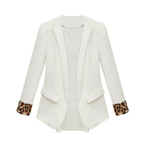 New Fashion Women Thin Chiffon Blazer Leopard Cuffs Decorative Pockets Casual Slim Coat Outwear Jacket White