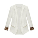 New Fashion Women Thin Chiffon Blazer Leopard Cuffs Decorative Pockets Casual Slim Coat Outwear Jacket White