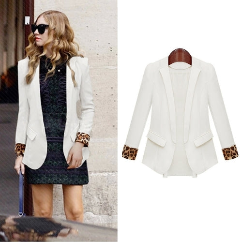 New Fashion Women Thin Chiffon Blazer Leopard Cuffs Decorative Pockets Casual Slim Coat Outwear Jacket White