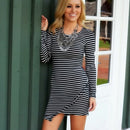 Chic Horizontal Stripe Asymmetric Hem Long Sleeve Mini Dress