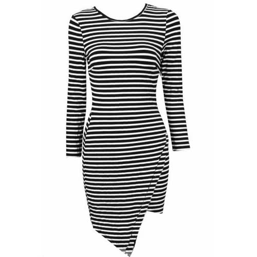 Chic Horizontal Stripe Asymmetric Hem Long Sleeve Mini Dress