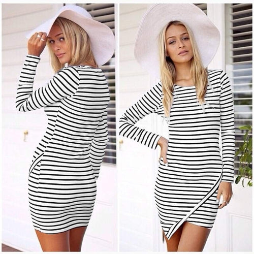 Chic Horizontal Stripe Asymmetric Hem Long Sleeve Mini Dress