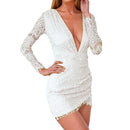 New Hot Sexy Women Lace Dress Deep V-Neck Long Sleeve Clubwear Tunic Bodycon Mini Dress