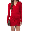 Fashion Women Wrap Front Dress Sexy Deep V-neck Long Sleeve Evening Party Clubwear Mini Dress