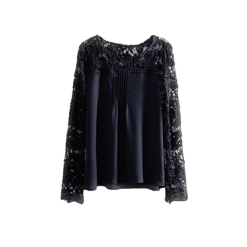 New Fashion Women Chiffon Blouse Lace Crochet Embroidery Sheer Sleeve Oversized Tee Tops Shirt